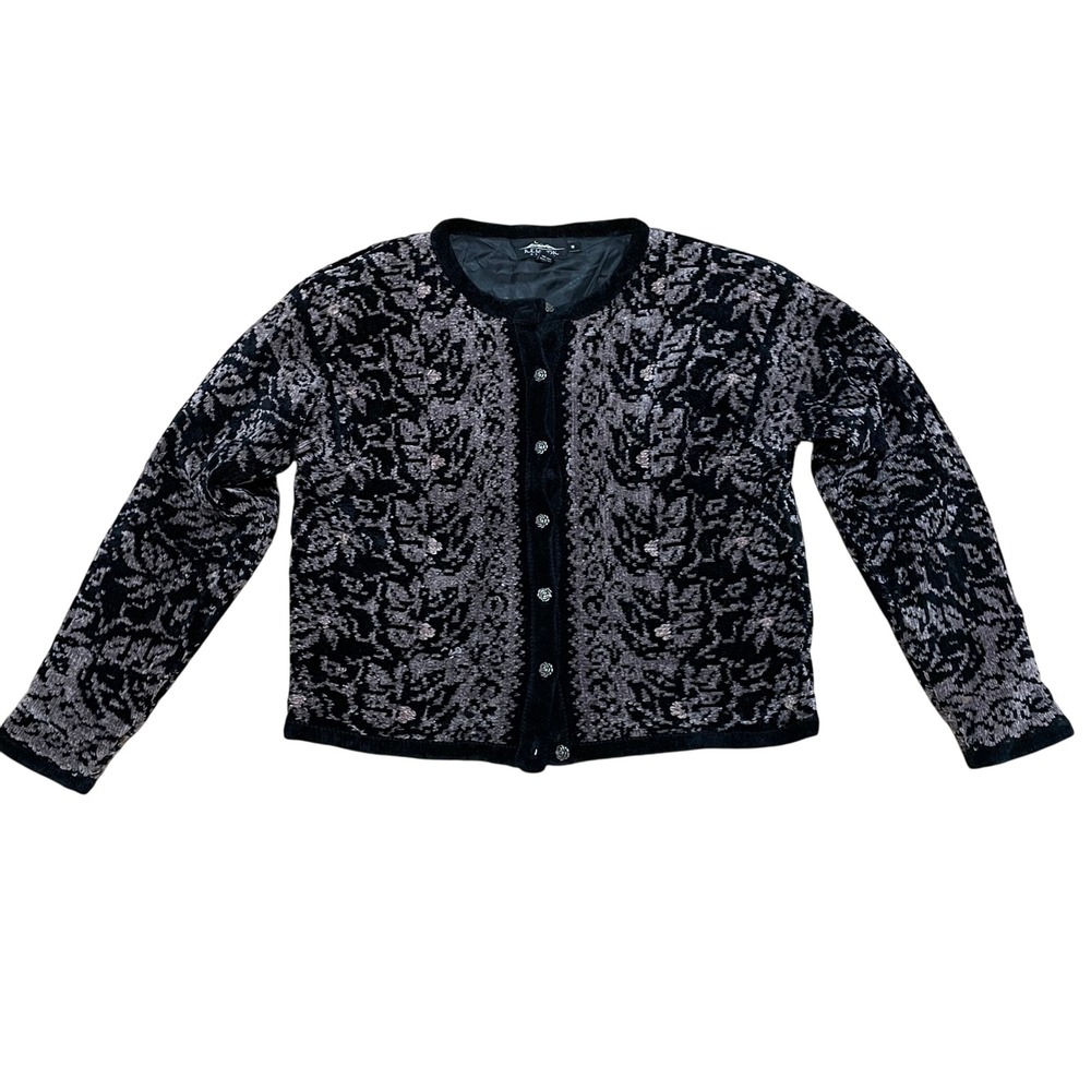 Icelandic Design Vintage Womens M Floral Velvet Cardigan Rose Buttons Black Grey